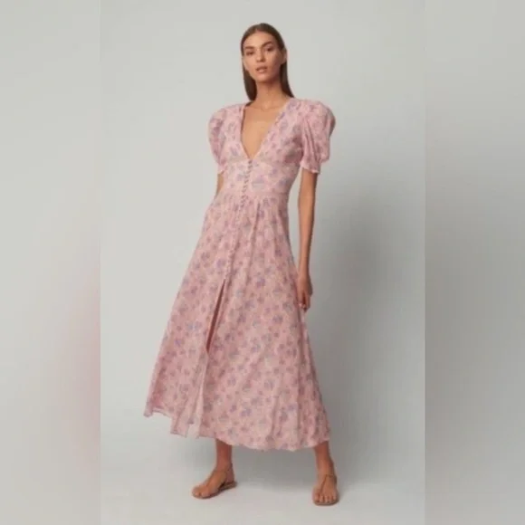 LoveShackFancy Floral Stacy Pink short sleeve Maxi Sz XS orig $475 - Picture 4 of 16